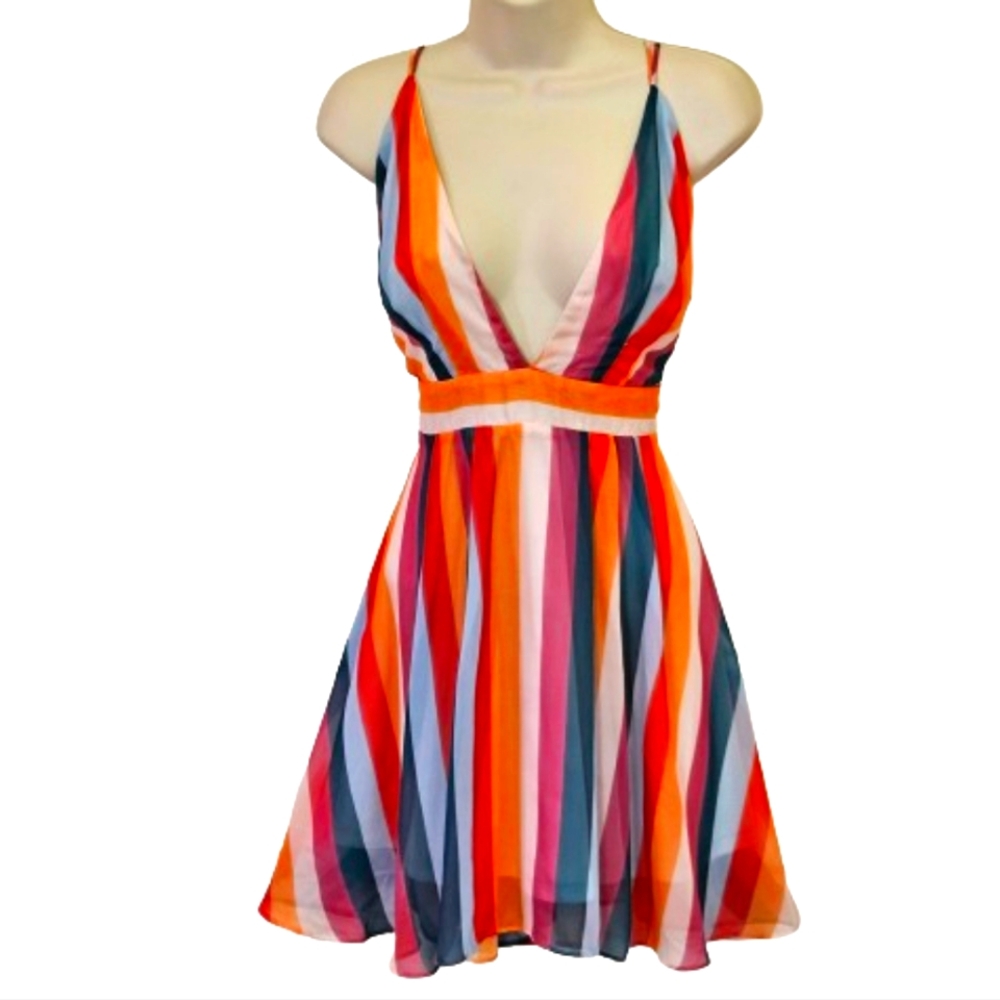 ESSUE Red/Orange Multi-Color Striped Deep Plunge Strappy Mini Dress,Large,NWT - Picture 12 of 16